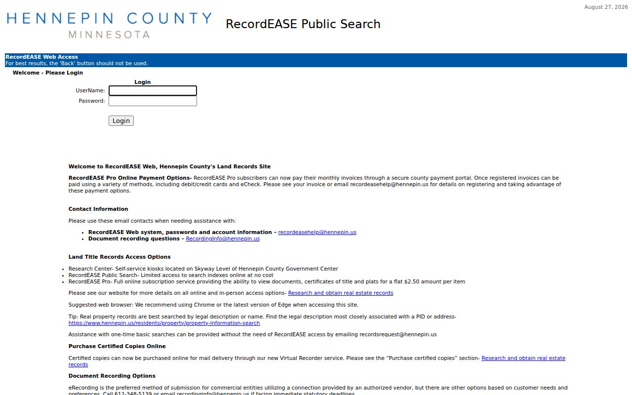 Eden Prairie residents directory RecordEASE deed index entry screen