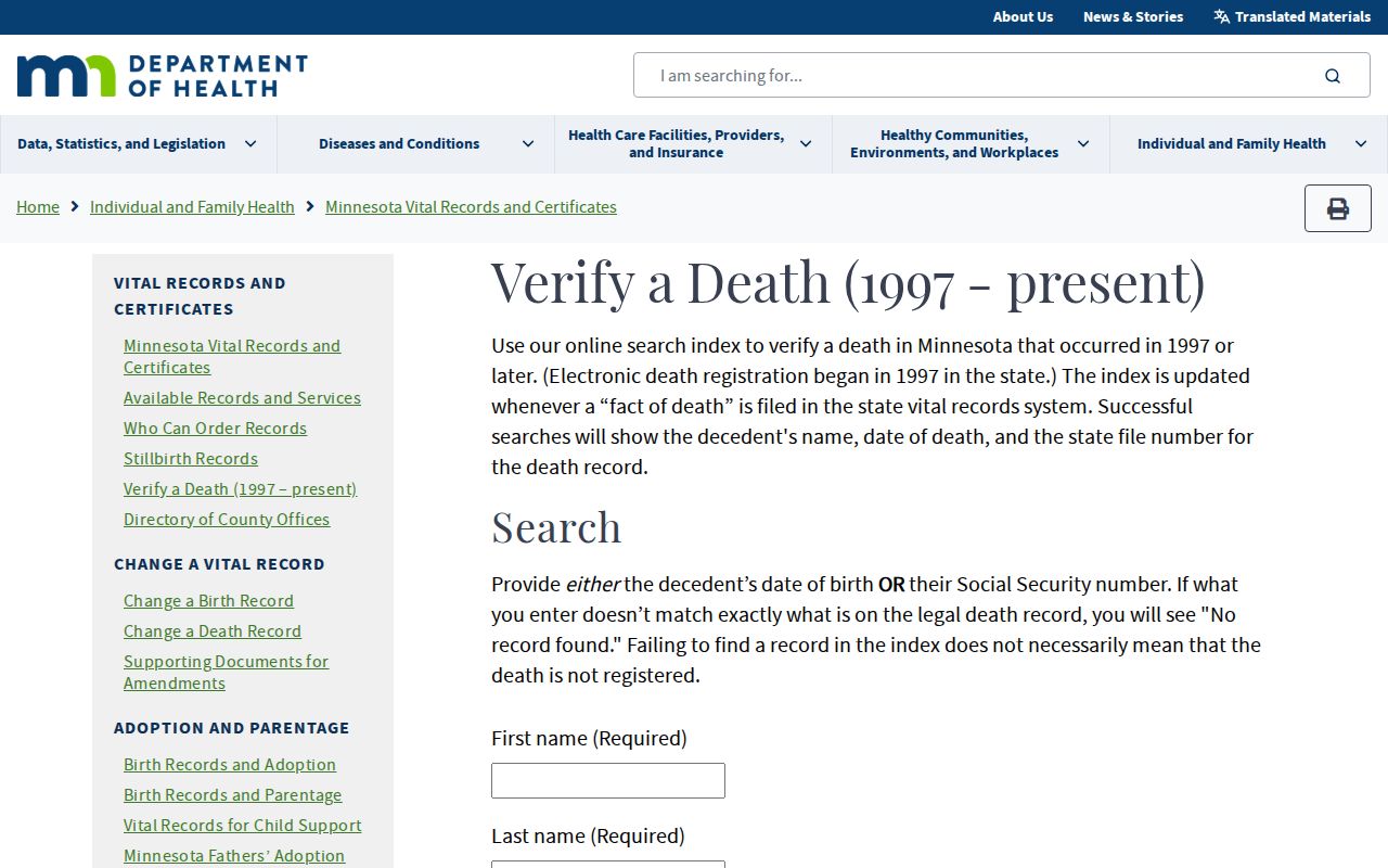 Eden Prairie resident lookup through the Minnesota death verification index